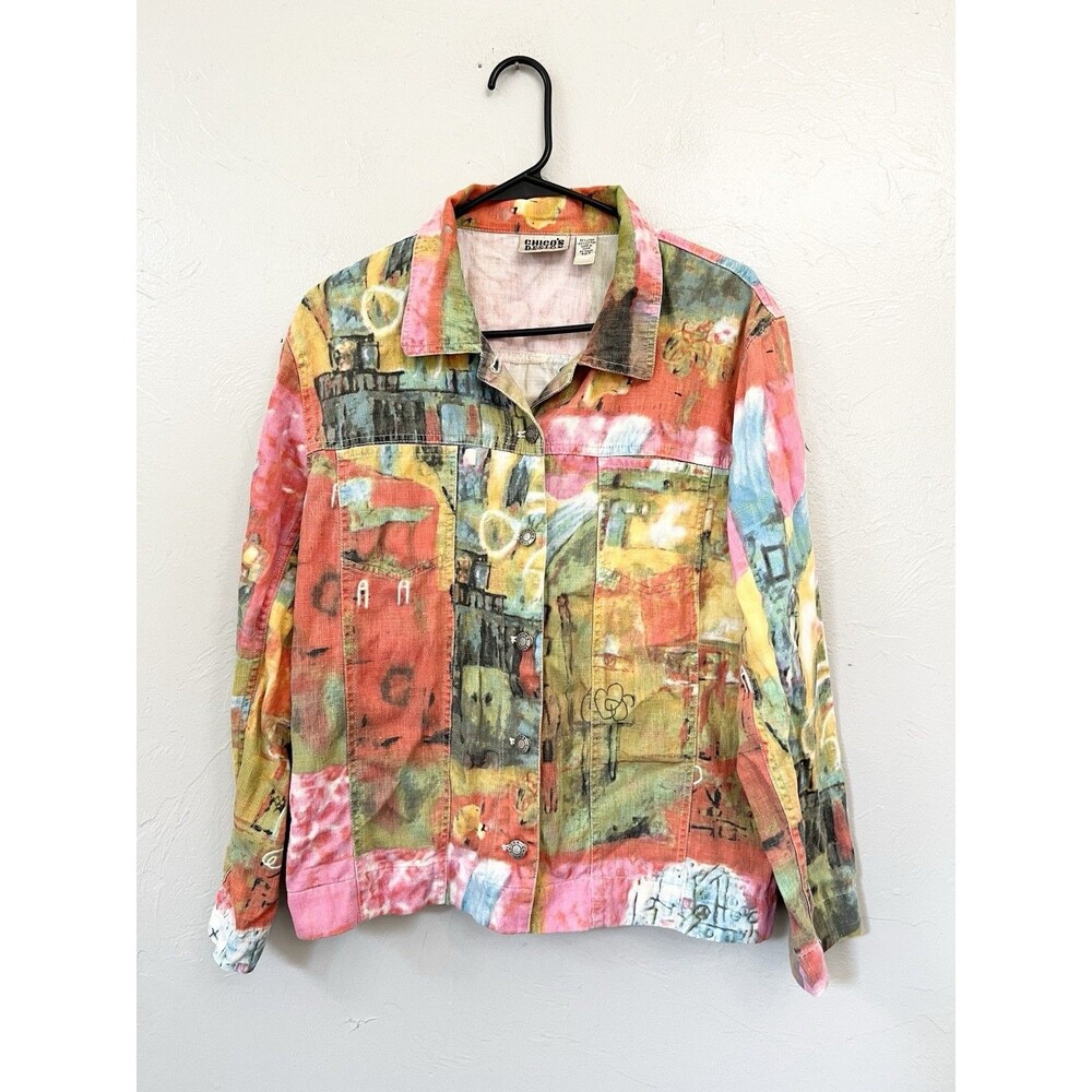 CHICOS Linen Blend Jacket Size Large Colorful Design Art  Artsy Italy 2 Boxy